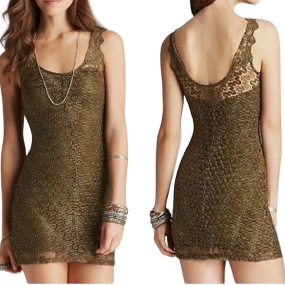 FREE PEOPLE | NWT Foiled Again Olive Lace Bodycon Open Back Boho Mini Dress | S - Picture 1 of 10